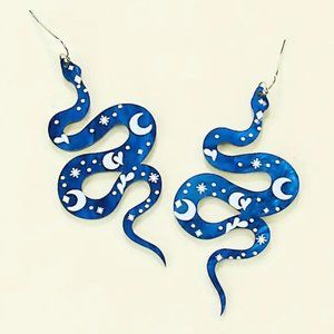 Celestial Moon & Stars Blue Acrylic Serpent Snake Dangle Earrings NEW
